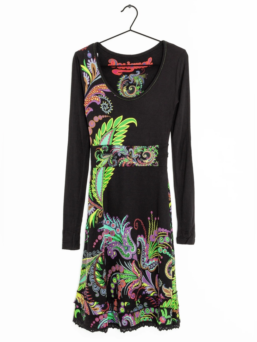 Vintage Desigual Abstract Funky Floral Pattern Long Sleeve Black Dress